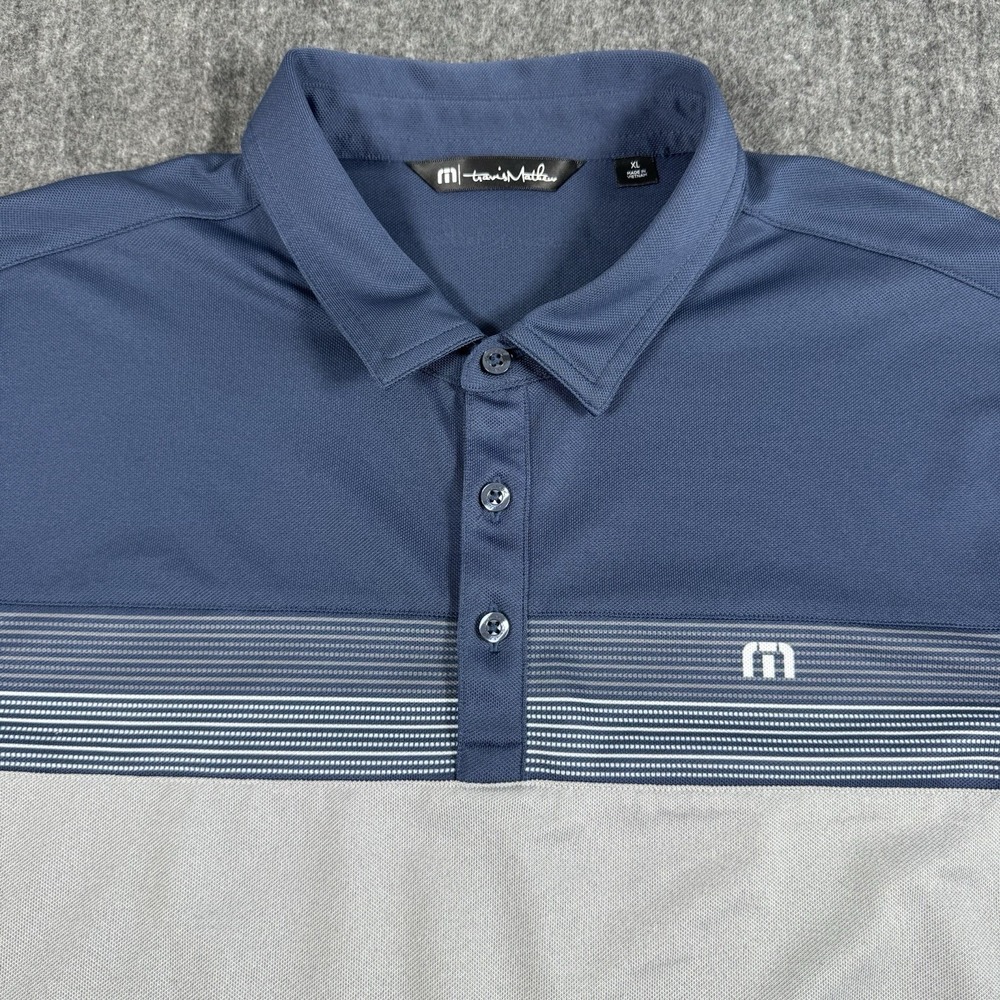 TravisMathew Mens XL Golf Polo Shirt Blue Gray Striped Performance